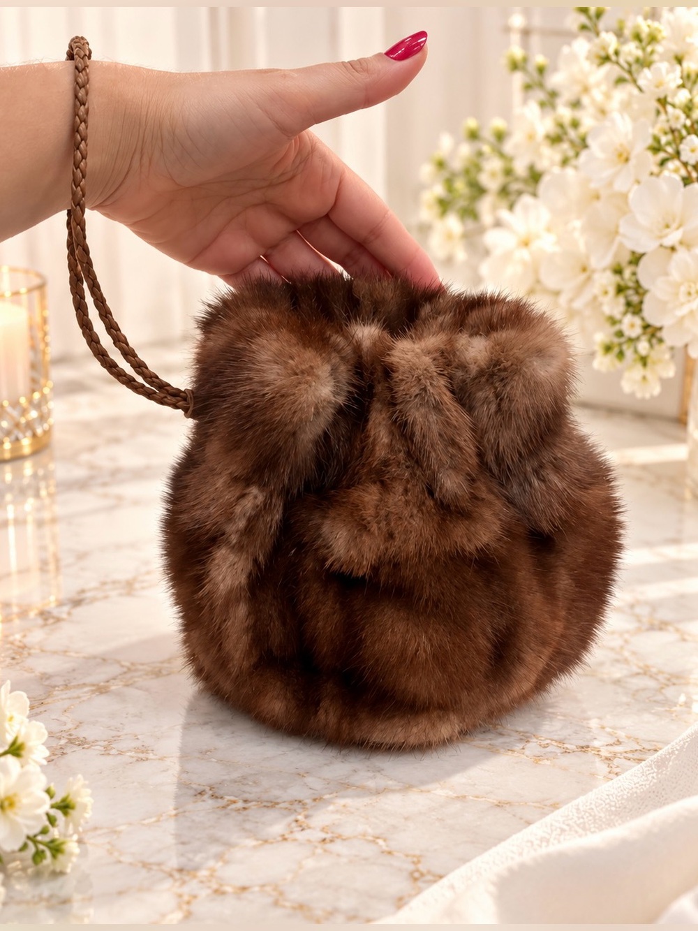 Falorni Italia Le Borse Genuine Mink fur Wristlet Bucket Pouch